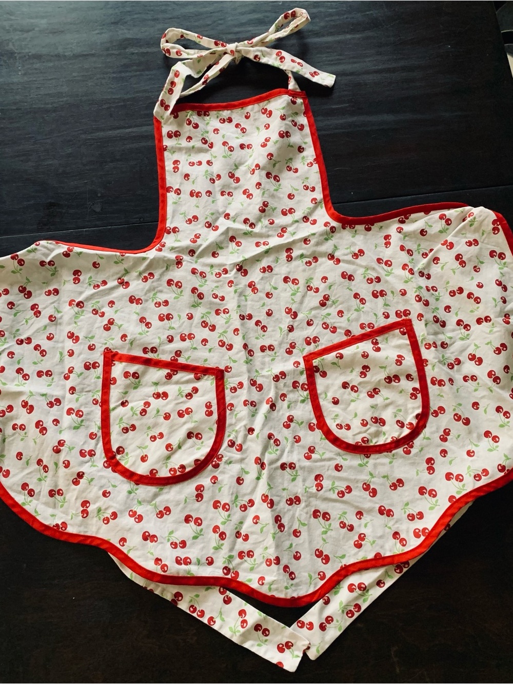 Cherry Print Kitchen Apron with Red Trim